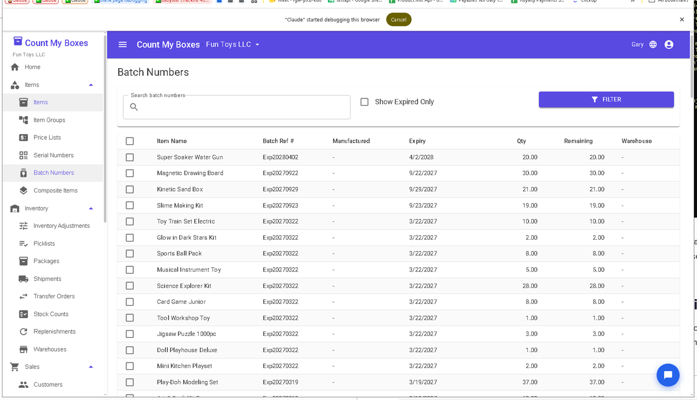 Batch number tracking showing lot numbers and expiry dates