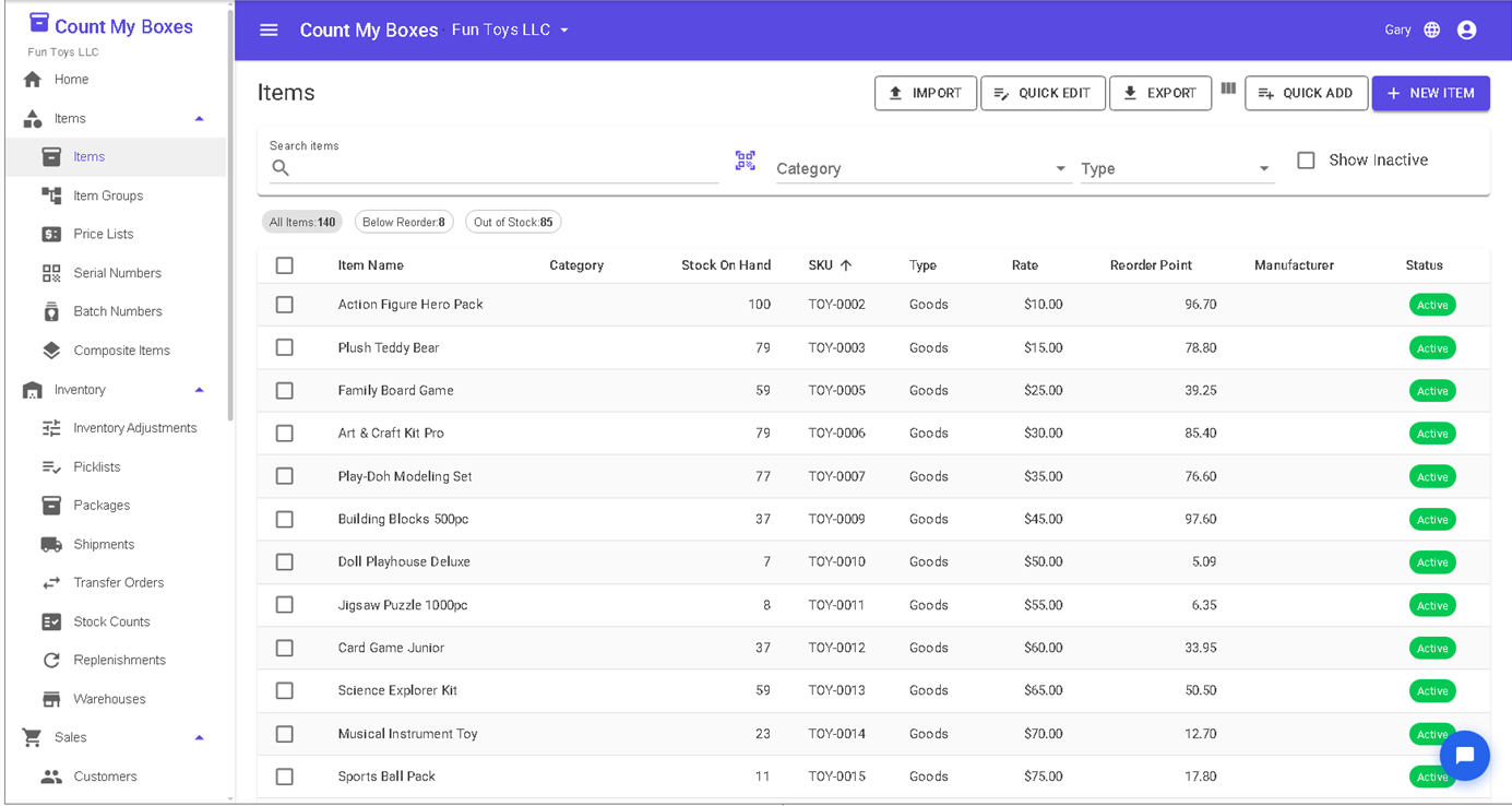 Your whole catalog in one searchable list — stock, prices, and reorder points at a glance.